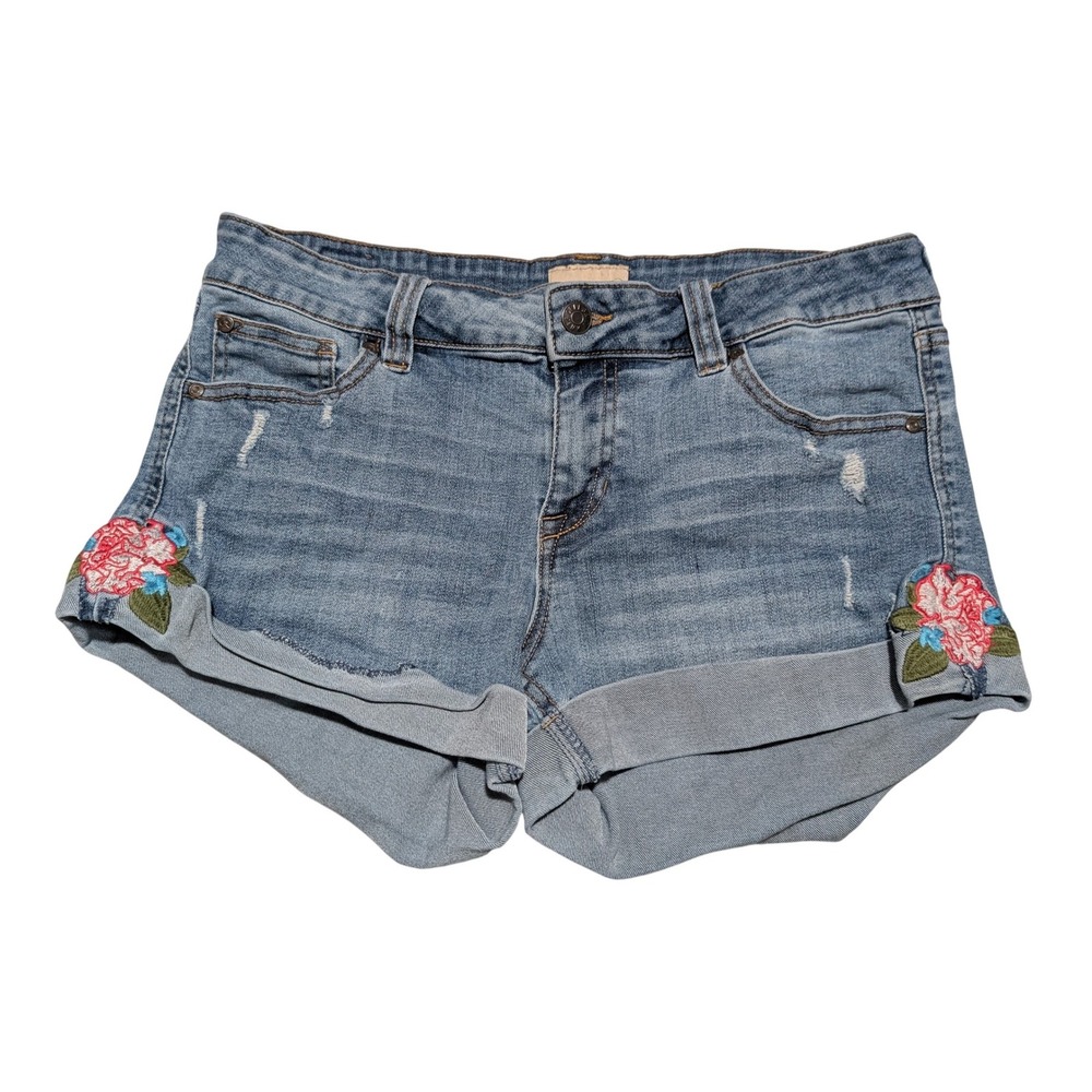 Celebrity Pink Denim Shorts Womens 7/28 Blue Floral Embroidered Distressed Cuff